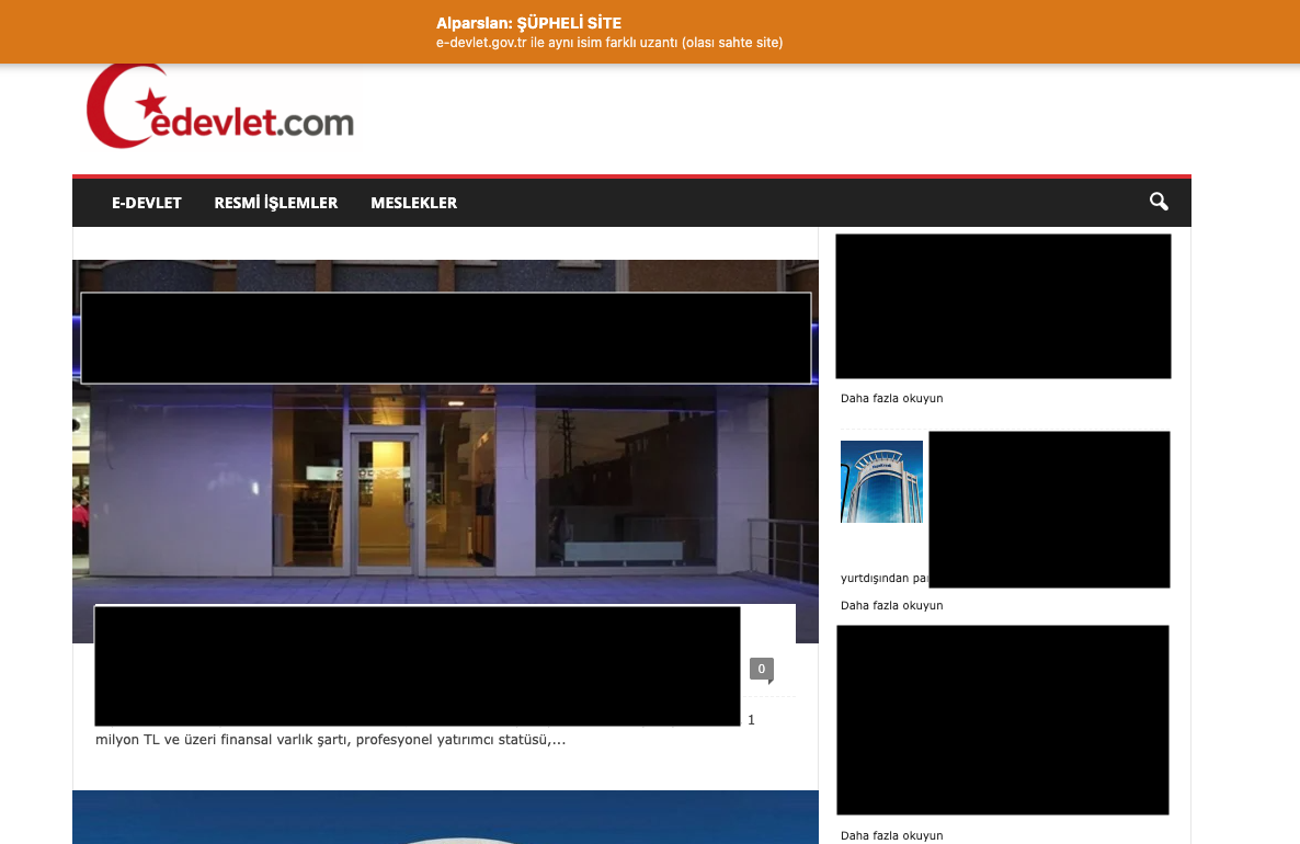 Alparslan tarafından şüpheli site olarak işaretlenmiş örnek ekran görüntüsü